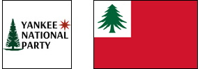 Images for the Yankee National Party and the flag of New England.

The Yankee National Party logo has a green pine tree along the left side of a white background. To the right of the tree, the words Yankee, National, and Party are each on their own line in black text.

To the right of the word Yankee is a red compass rose.

The other image is the flag of New England. This flag is largely a red background with a white upper-left corner. There is a green pine tree in the white field